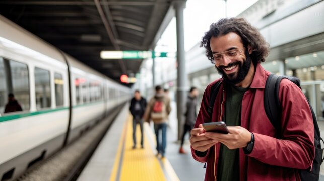 Smiling bearded man looking at his smart phone at a train station. Generative AI