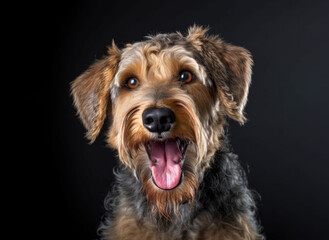 Portrait of an airedale terrier on dark background, created with Generative AI