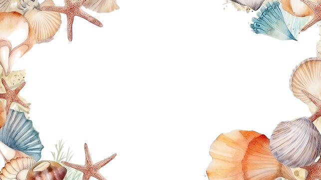 collection of seashells and starfish as a frame border, copyspace, generative ai