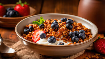 Bowl of homemade granola, sprinkled with fresh berries and yogurt, served with honey. Healthy and nutritious taste of breakfast dishes. Generative AI