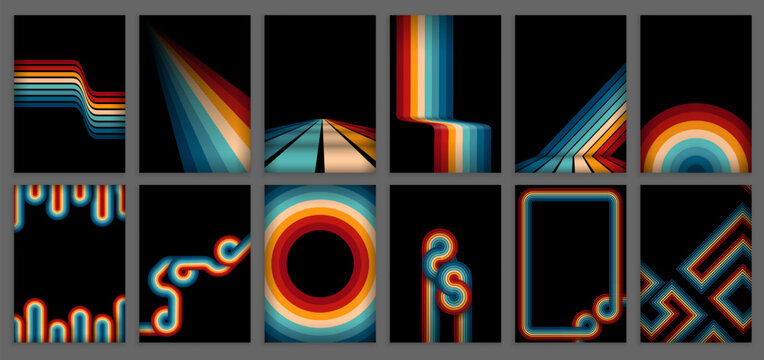 Vintage Striped Backgrounds, Posters, Banner Samples, Retro Colors from the 1970s 1900s, 70s, 80s, 90s. retro vintage 70s style stripes background poster lines. shapes vector design graphic 1980s