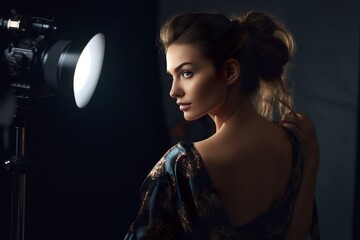 Fashion model woman portrait in photo sudio with flash light equipment on background. Generative Ai