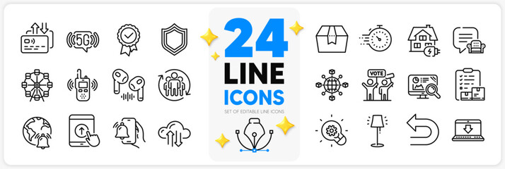 Icons set of Cloud sync, Ferris wheel and Card line icons pack for app with Stand lamp, Seo analytics, Alarm clock thin outline icon. Teamwork, Tested stamp, Timer pictogram. 5g wifi. Vector