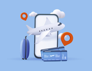 3D mobile phone with ticket for flight airplane, suitcase, tourism and travel planning flight plane. 3d travel booking