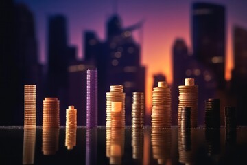 stacks of coins stand like skyscrapers against the backdrop of high-rise buildings. mortgage and property insurance. Generative AI