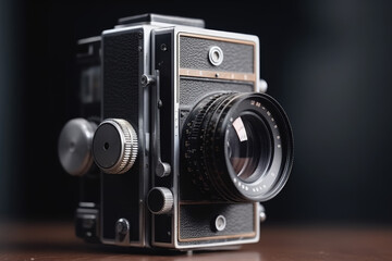 Fototapeta na wymiar Vintage 35 mm film photography camera isolated, front view closeup. AI