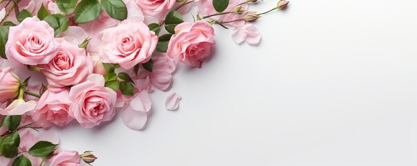 a Horizontal format with Roses in margin with product or copy space. nature design template. picturesque floral-themed, photorealistic illustrations in JPG. 10:4 aspect. Generative ai