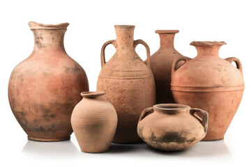 Fototapeta na wymiar Set of ancient terracotta jugs and jars isolated. AI