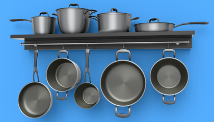 Set of stewpot, frying pan and chrome plated cookware hanging on shelf on blue