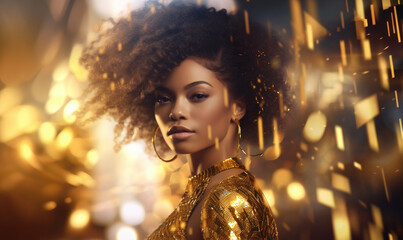 Fototapeta Beautiful young woman in gold with sparkly hair posing, AI generative girl in golden dress. Fashion woman with curly black hair looking at camera over shoulder in gold glitter flares obraz