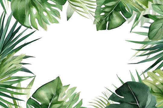 tropical palm leaves as a frame border, copyspace, generative ai