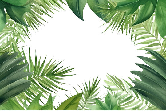tropical palm leaves as a frame border, copyspace, generative ai