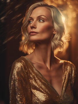 Woman 40 years old in gold dress on gold light flares background. Luxury and premium photography for advertising product design. Beautiful ai generated blond hair woman
