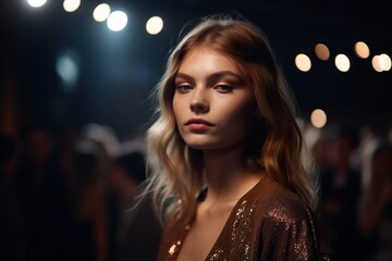 Fototapeta premium Young fashion model walking at a Fashion show during warm light on background. Generative Ai