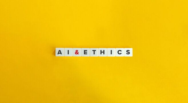 Artificial Intelligence, AI and Ethics Concept. Block Letter Tiles on Yellow Background. Minimal Aesthetics.