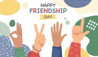 Happy friendship Day. International holiday and festival 30 july. Hands show friendly and cheerful gestures. Young men and women, students and teenagers. Cartoon flat vector illustration