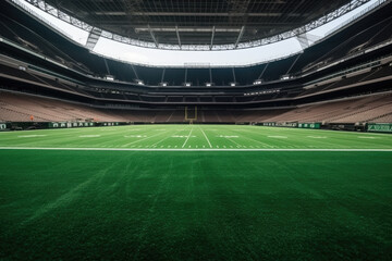 Fototapeta na wymiar Green field in american football stadium. ready for game in the midfield. AI