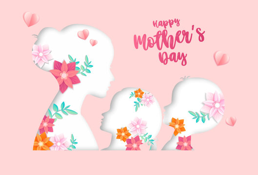 Mothers Day Banner. Silhouette Of Young Girl With Plants And Child. Greeting Postcard Design In Paper Cut Style. Good Family Relationships, Love, Care And Support. Cartoon Vector Illustration