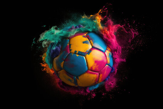 Colorful, creative soccer ball. Color explosion. AI