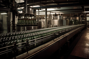 Naklejka premium filling beer in to glass bottles at the factory. equipment at the alcoholic plant. AI Generative.