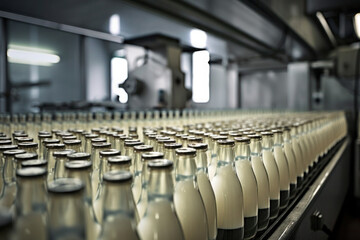 filling milk in to glass bottles at the factory. equipment at the dairy plant. ai generative.