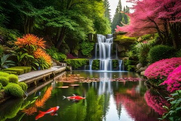 Fototapeta premium A waterfall style fountain in a beautiful park - Generative AI Technology
