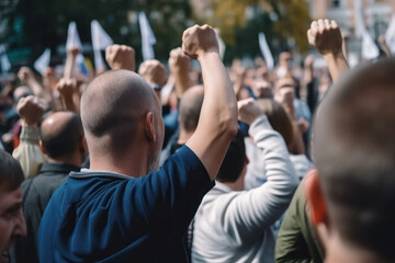 rallies and protests. men raised hands up, shouting and fighting for their rights, equality and justice. ai generative