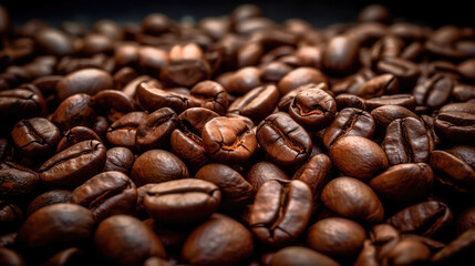 Naklejka premium Freshly roasted coffee beans. The grains are tightly stacked to each other, filling the frame with their rich, earthy tones. Generative AI