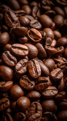 Obraz premium Freshly roasted coffee beans. The grains are tightly stacked to each other, filling the frame with their rich, earthy tones. Generative AI