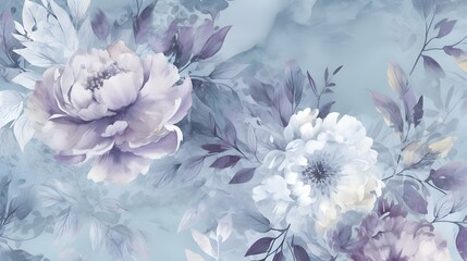 beautiful floral wallpaper design and fabrics, in the style of light purple and sky-blue, watercolor illustrations, monochromatic color scheme, high resolution, nature-based patterns, generative AI
