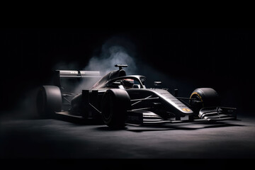 Modern Formula Bolid car ready to race on black background in smoke. Racing Sport. AI