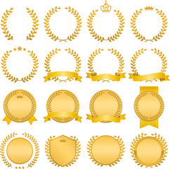 月桂樹とリボンのフレーム_金_ベクターイラスト