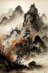 sunset in the mountains, Japanese Sumi-e Painting, Generative AI, Illustration