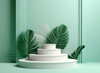 White pedestal with tropical flowers over green background for product display. Generative AI