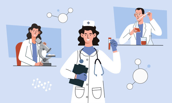 Vaccine development concept. Man and women in medical gowns with microscope and test tubes witrh reagents. Scientific experiments in chemical laboratory. Cartoon flat vector illustration
