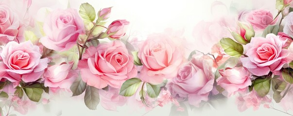 Roses,  pink. Horizontal background, ornate and sublime color arrangement, Nature-themed, photorealistic illustrations in JPG. Generative AI