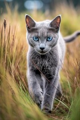 Obraz premium Beautiful young gray cat walking among tall grass. Generative AI vertical shot
