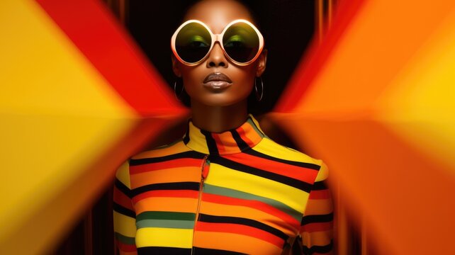 Fototapeta Young african female model posing with trendy fashion outfit and colorful vibrant orange optical art abstract background. Picturesque generative AI