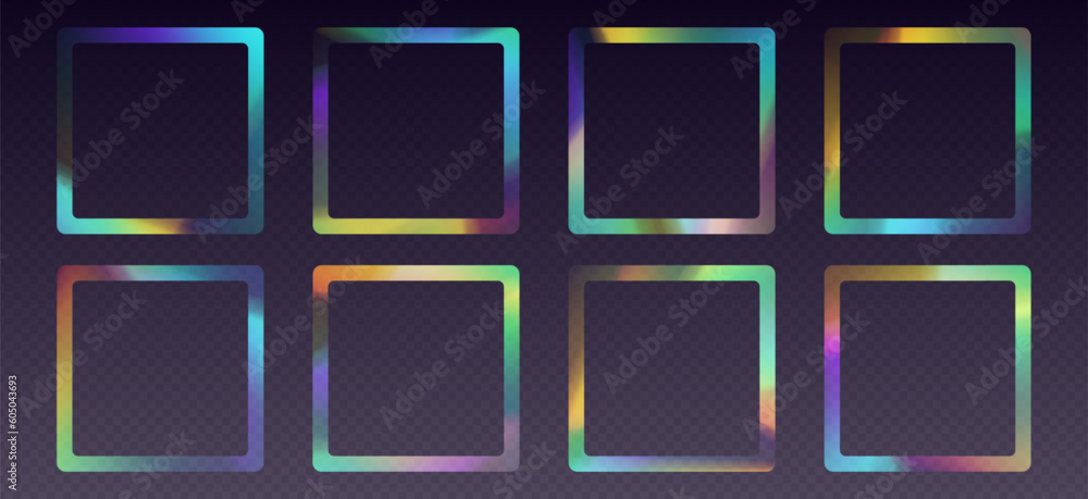 Sticker Crystal refraction frame, rainbow sunlight border, prism light effect, holographic reflections in a square shape. Blurred optical rays. vintage kaleidoscope effect. Vector design element.