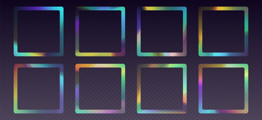 Crystal refraction frame, rainbow sunlight border, prism light effect, holographic reflections in a square shape. Blurred optical rays. vintage kaleidoscope effect. Vector design element.