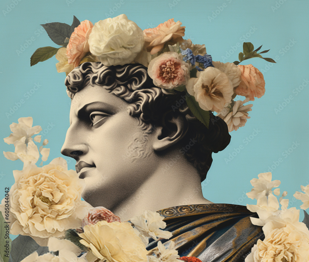 Wall mural collage with antique male sculpture and flowers. ai generated image.