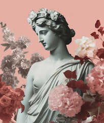 Collage with antique female sculpture and flowers. AI generated image. - 605044059