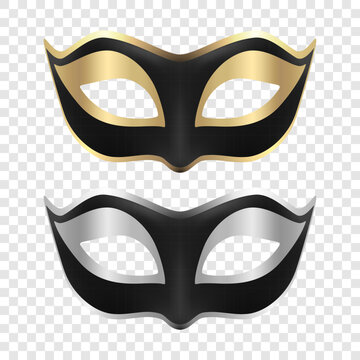 Vector 3d Realistic Blac Foil Carnival Face Mask Icon Set Closeup Isolated. Mask for Party, Masquerade Closeup. Design Template of Mask. Carnival, Party, Secret, Hero, Stranger Concept