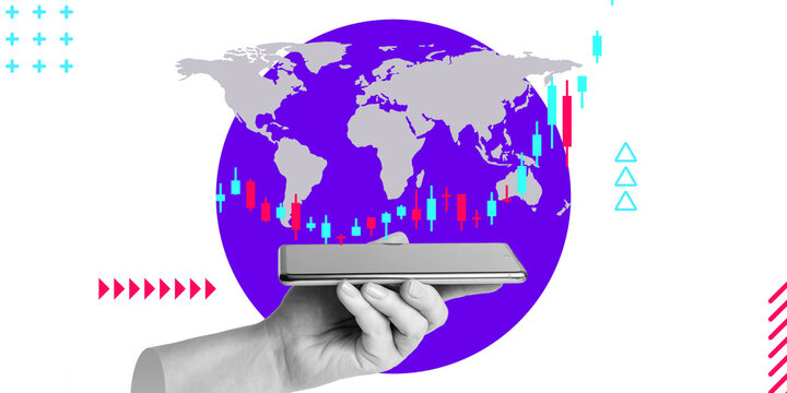 Global investments, world trade, use of technology for financial success. Hand with mobile phone and stock charts on world map. Minimalistic art collage
