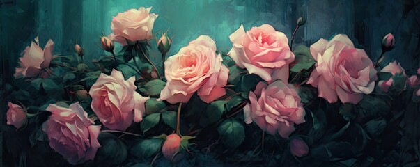 Roses,  pink. Horizontal background, ornate and sublime color arrangement, Nature-themed, photorealistic illustrations in JPG. Generative AI