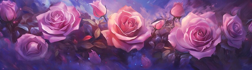 Obraz na płótnie Canvas a bunch of beautiful roses with an etheriel essence, long horizontal background, 32:9 aspect ratio, rose garden, Floral-themed, horizontal format, photorealistic illustrations in a JPG. Generative ai