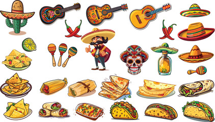Mexico Icons Carnival, Cinco de Mayo, Mexican Cuisine, Traditional Holiday Fiesta, Food and Festival Symbols, Guitar, spice, burrito, taco - obrazy, fototapety, plakaty