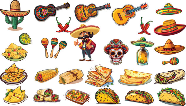 Mexico Icons Carnival, Cinco de Mayo, Mexican Cuisine, Traditional Holiday Fiesta, Food and Festival Symbols, Guitar, spice, burrito, taco