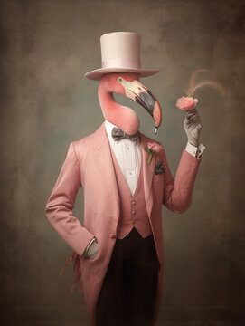 Antique Photo of a Flamingo Dressed as a Gentleman in a Suit and Top Hat | Generative AI