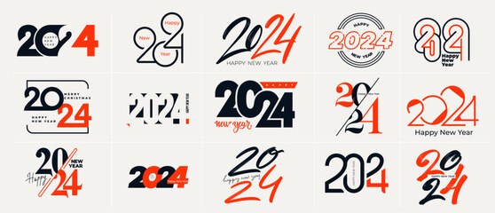 Happy New Year 2024 logos design set. Template with black numbers 2024. New Year holiday trend logos template. Collection of vector illustration 2024 happy new year symbols. Christmas decoration.